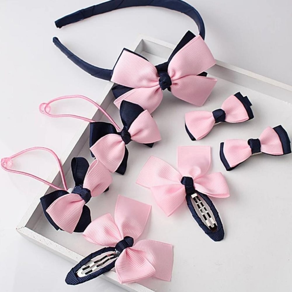 Girls Hair Band Bow Clip 7 Piece Set Navy Pink